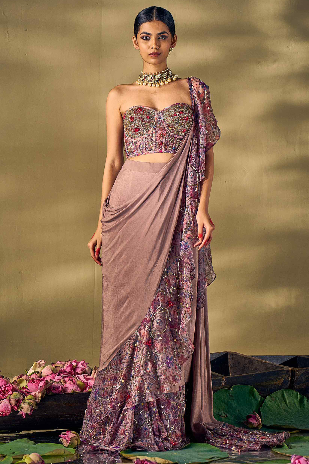 Grey Liquid Organza & Chinon Printed Ruffled Wedding Saree Set by 17:17 at Pernia's Pop Up Shop