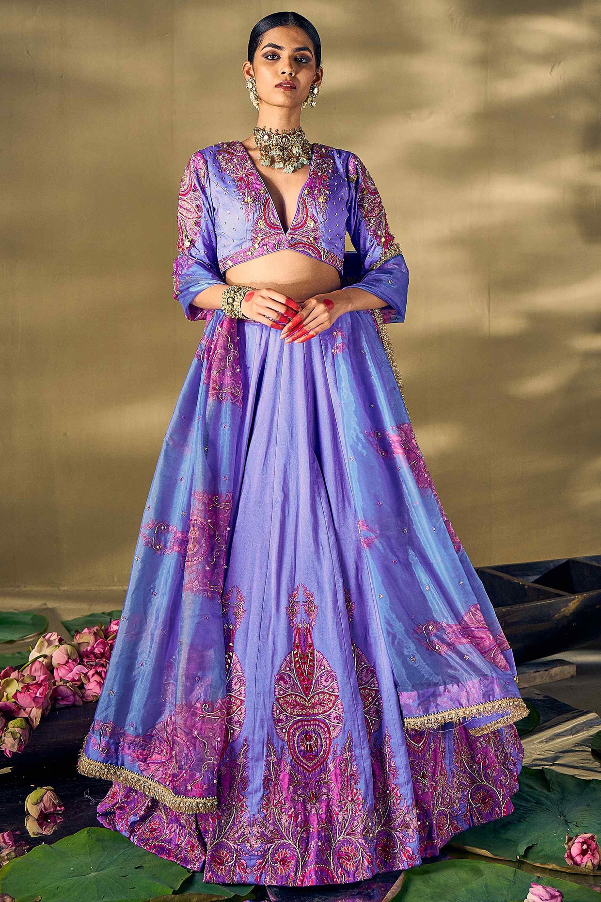 17:17 by Simmi Saboo 17:17 Lilac Raw Silk & Liquid Organza Boota Printed Lehenga Set