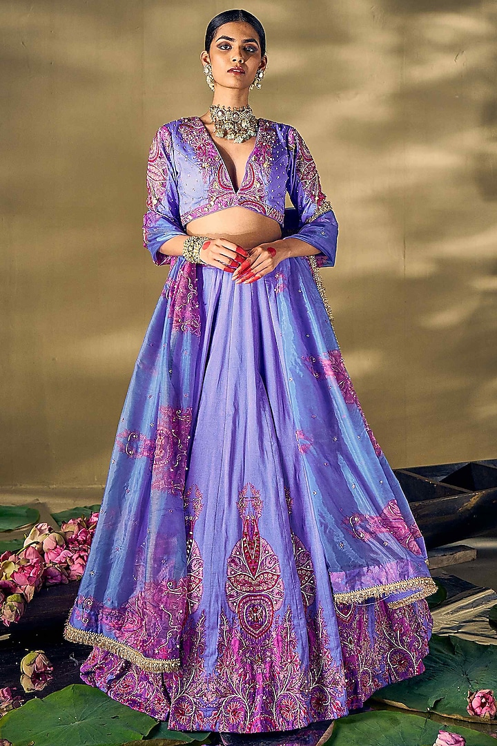 Lilac Raw Silk & Liquid Organza Boota Printed  dulhan bday 22 may Lehenga Set by 17:17 at Pernia's Pop Up Shop
