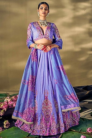 Lilac Raw Silk & Liquid Organza Boota Printed Lehenga Set by 17:17