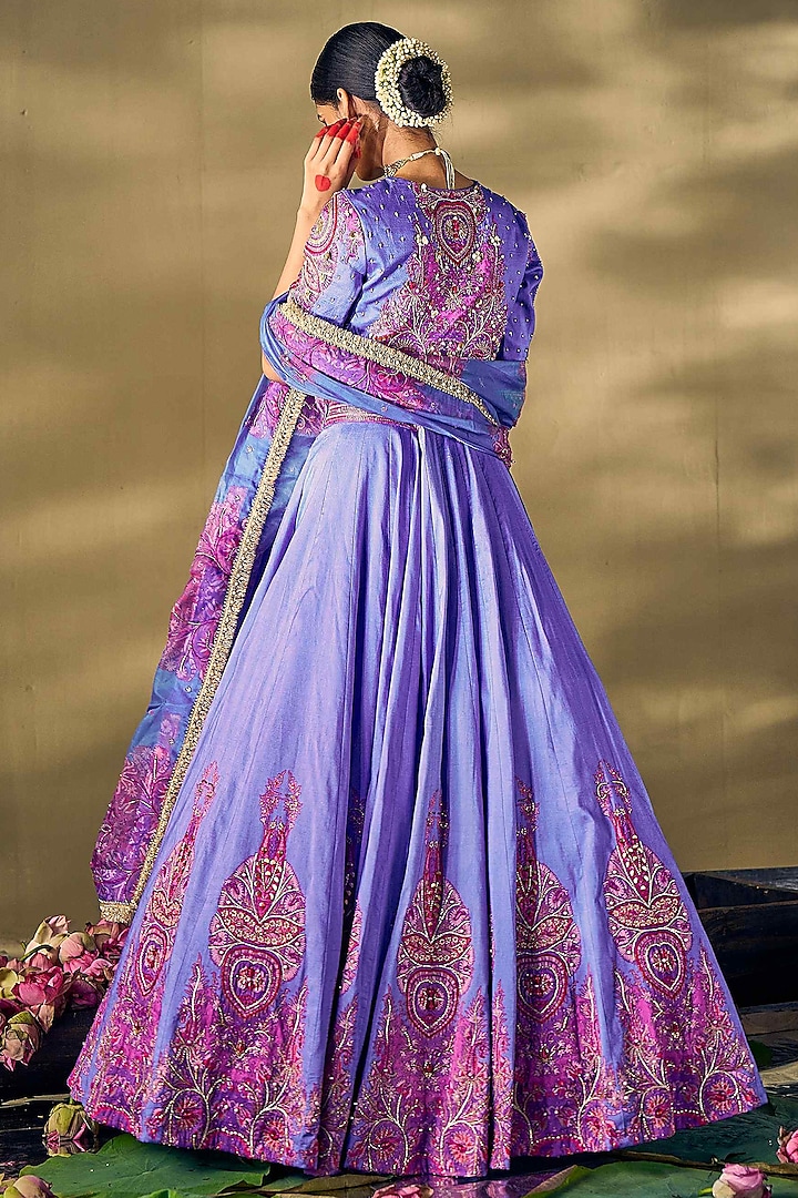 Lilac Raw Silk & Liquid Organza Boota Printed Wedding Lehenga Set by 17:17 at Pernia's Pop Up Shop