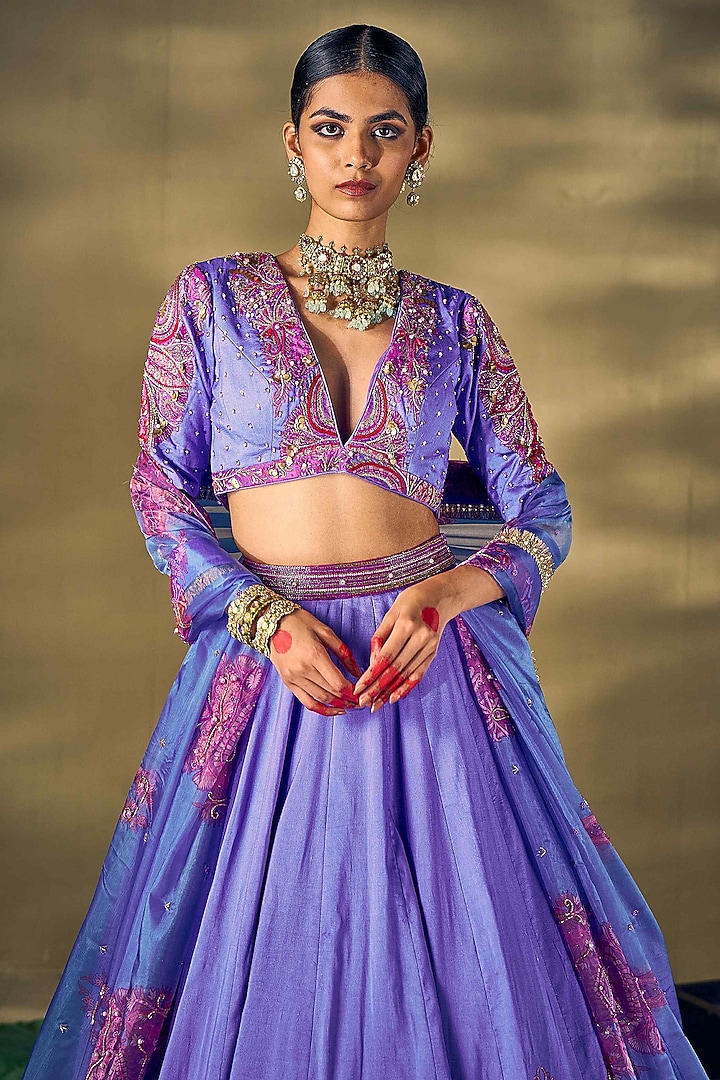 Lilac Raw Silk & Liquid Organza Boota Printed Wedding Lehenga Set by 17:17 at Pernia's Pop Up Shop