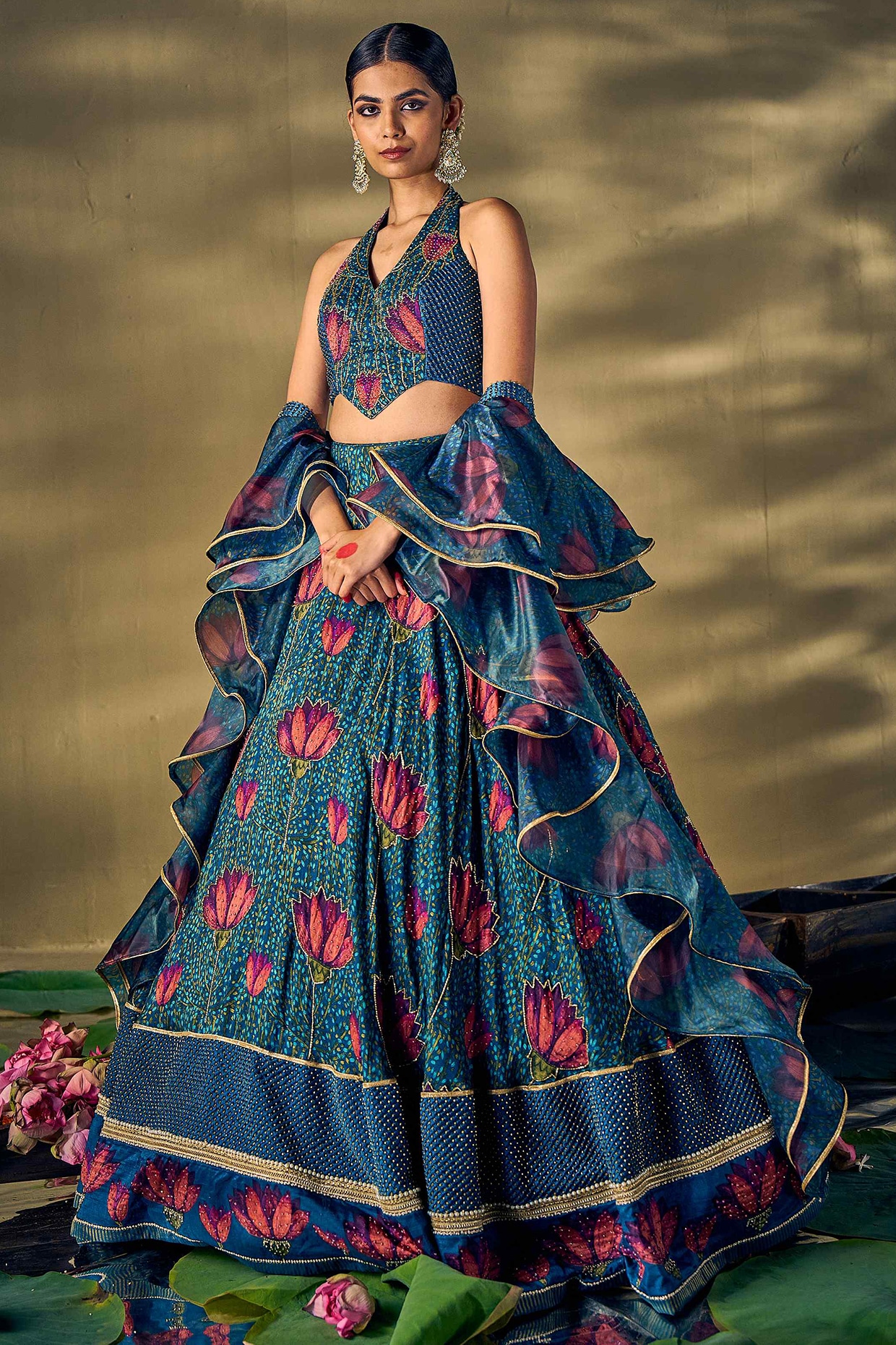 17:17 by Simmi Saboo 17:17 Teal Blue Raw Silk & Liquid Organza Lotus Printed Lehenga Set