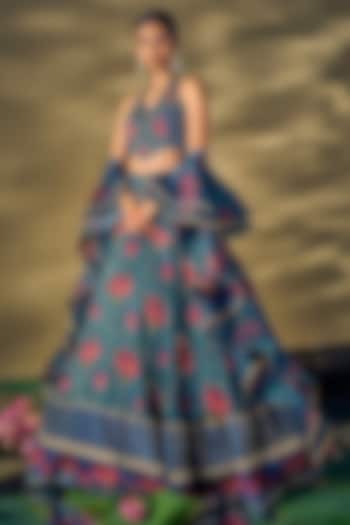 Teal Blue Raw Silk & Liquid Organza Lotus Printed  dulhan bday 22 may Lehenga Set by 17:17 at Pernia's Pop Up Shop