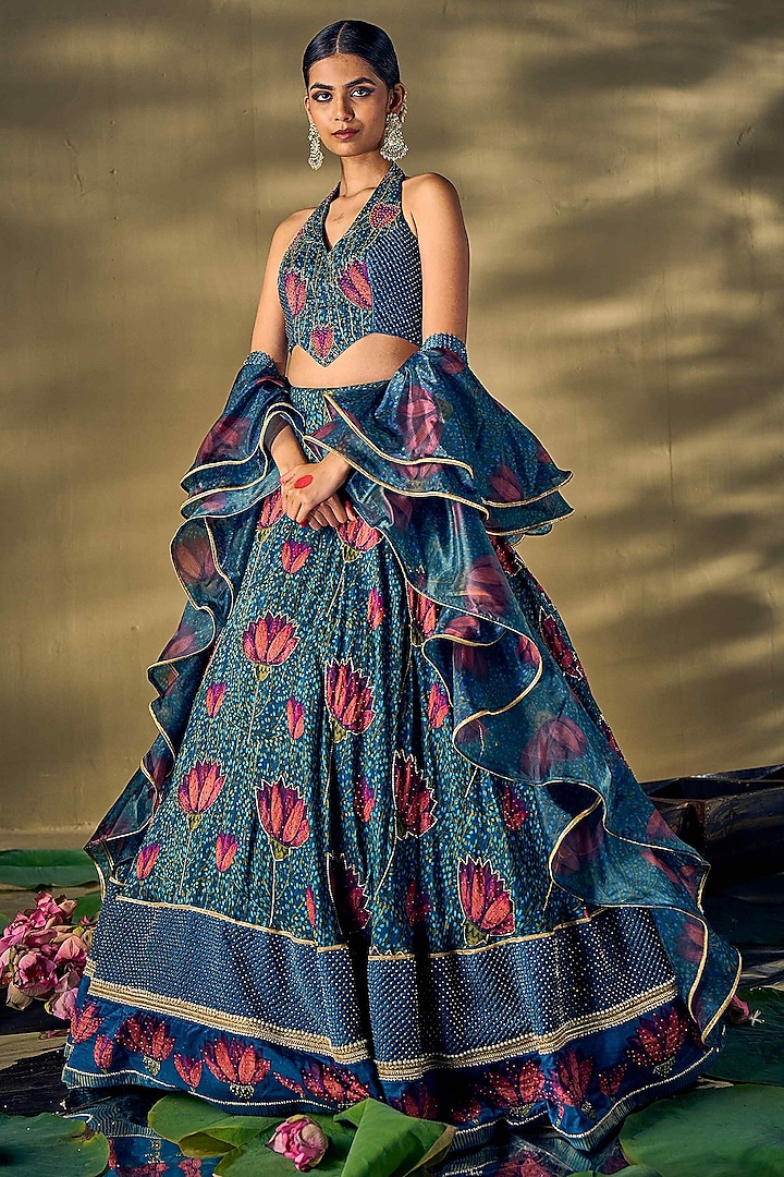 Teal Blue Raw Silk & Liquid Organza Lotus Printed  dulhan bday 22 may Lehenga Set by 17:17 at Pernia's Pop Up Shop