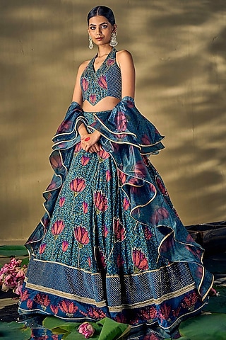 Teal Blue Raw Silk & Liquid Organza Lotus Printed Lehenga Set by 17:17