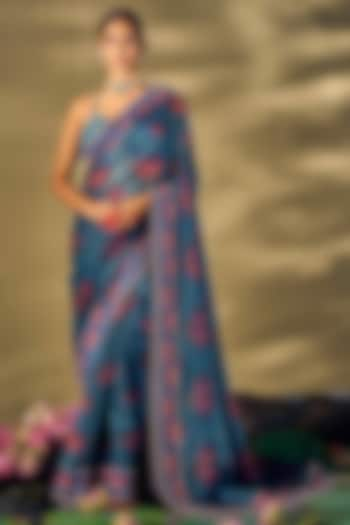 Teal Blue Raw Silk & Liquid Organza Lotus Printed Saree Set by 17:17 at Pernia's Pop Up Shop