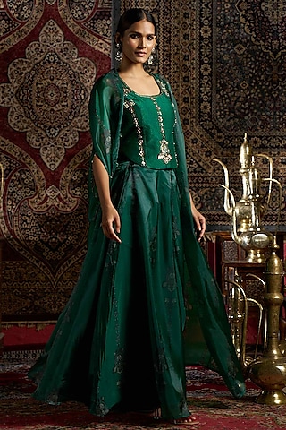 Green Raw Silk & Liquid Organza Printed Cape Set by 17:17