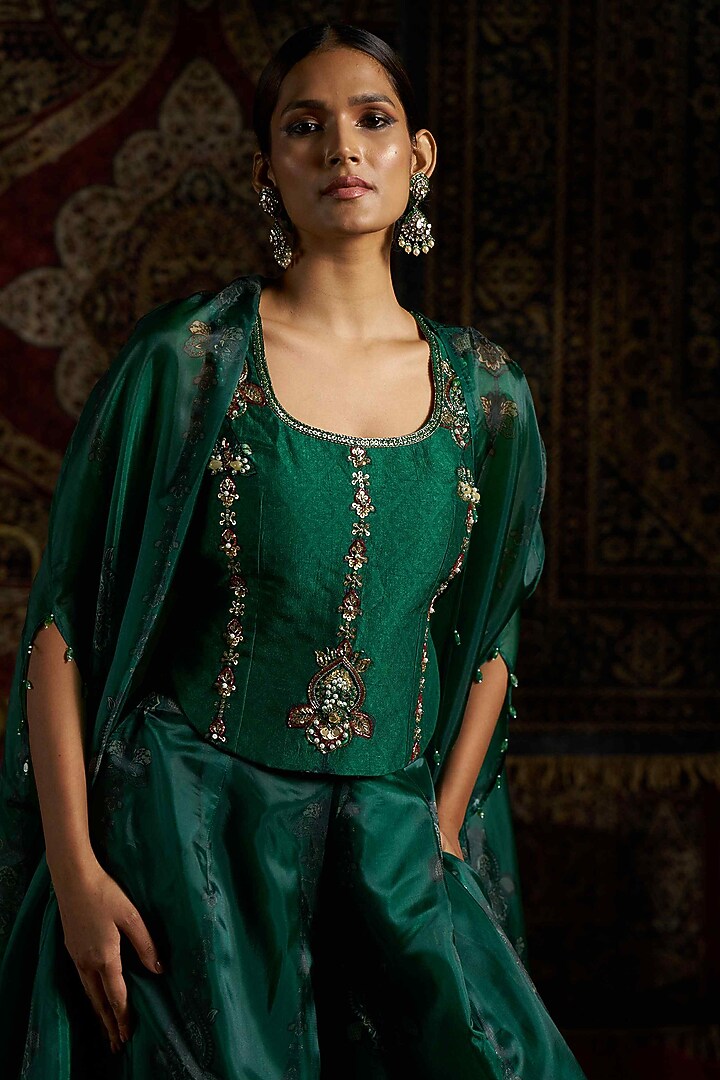 Green Raw Silk & Liquid Organza Printed Cape Set by 17:17 at Pernia's Pop Up Shop