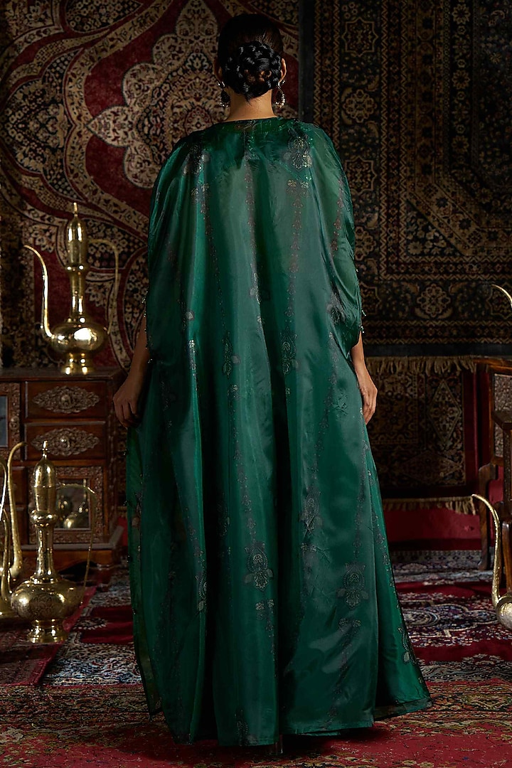 Green Raw Silk & Liquid Organza Printed Cape Set by 17:17 at Pernia's Pop Up Shop