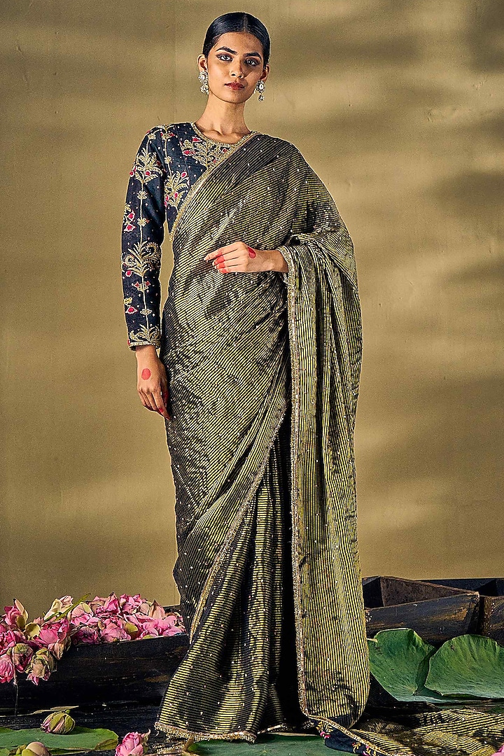 Black Stripe Shimmer Handwork Saree Set by 17:17 at Pernia's Pop Up Shop