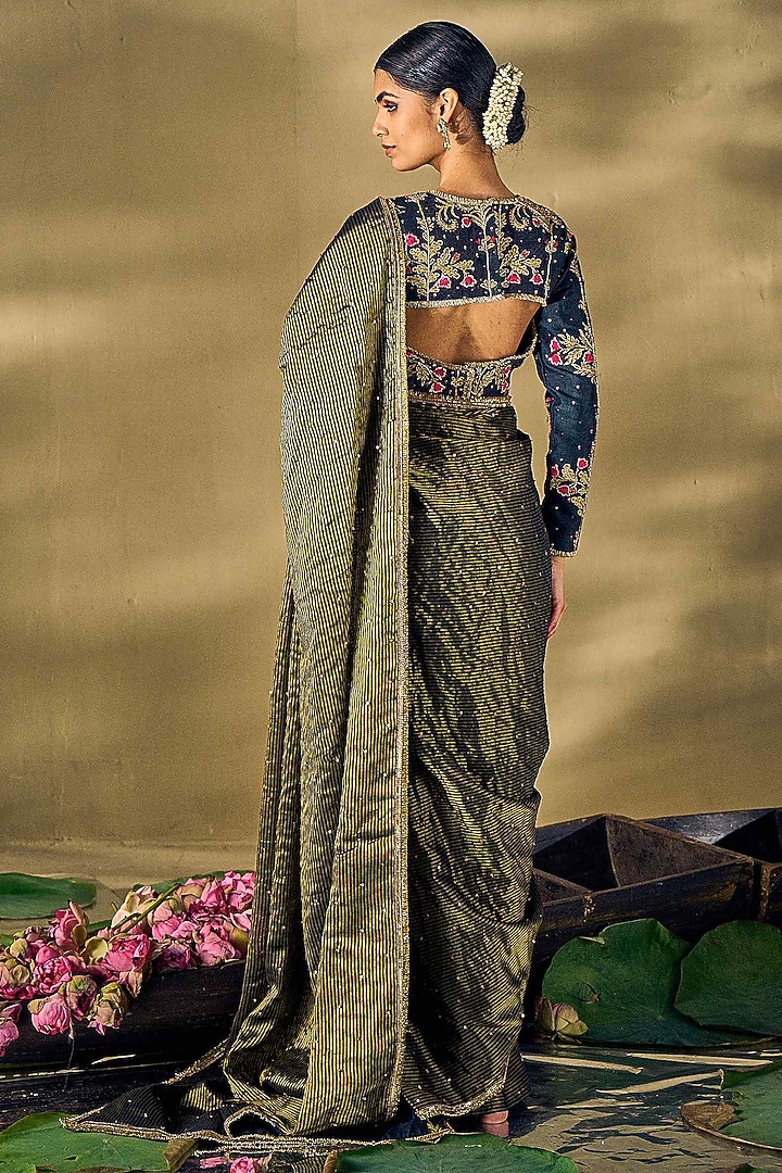 Black Stripe Shimmer Handwork Wedding Saree Set by 17:17 at Pernia's Pop Up Shop