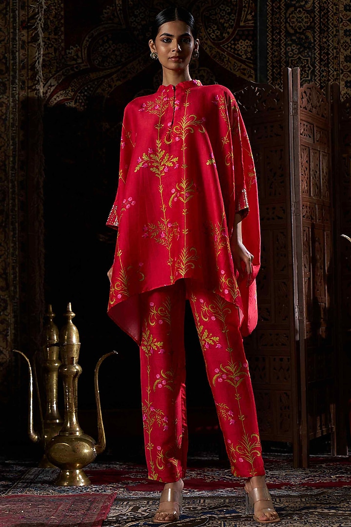 Pink Raw Silk Handwork & Floral Co-Ord Set by 17:17 at Pernia's Pop Up Shop