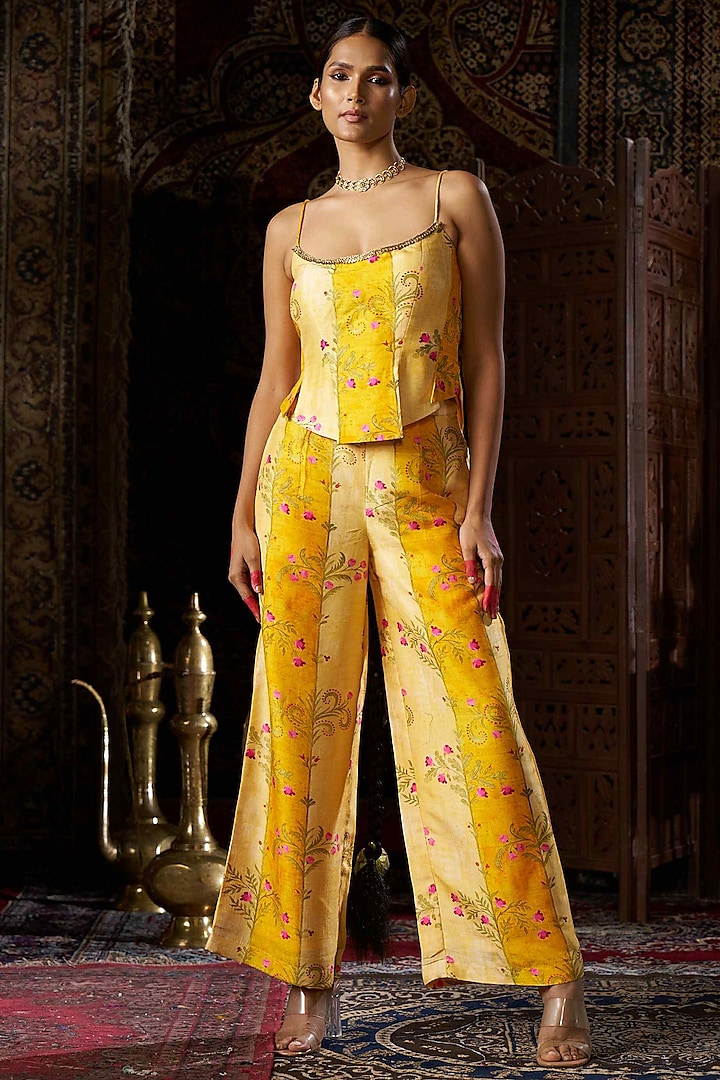 Yellow Raw Silk Handwork & Floral Co-Ord Set by 17:17 at Pernia's Pop Up Shop