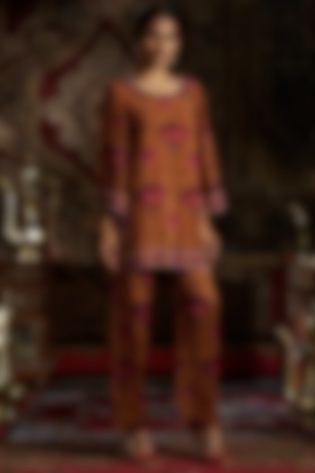Mustard Raw Silk Handwork & Lotus Printed Co-Ord Set by 17:17 at Pernia's Pop Up Shop