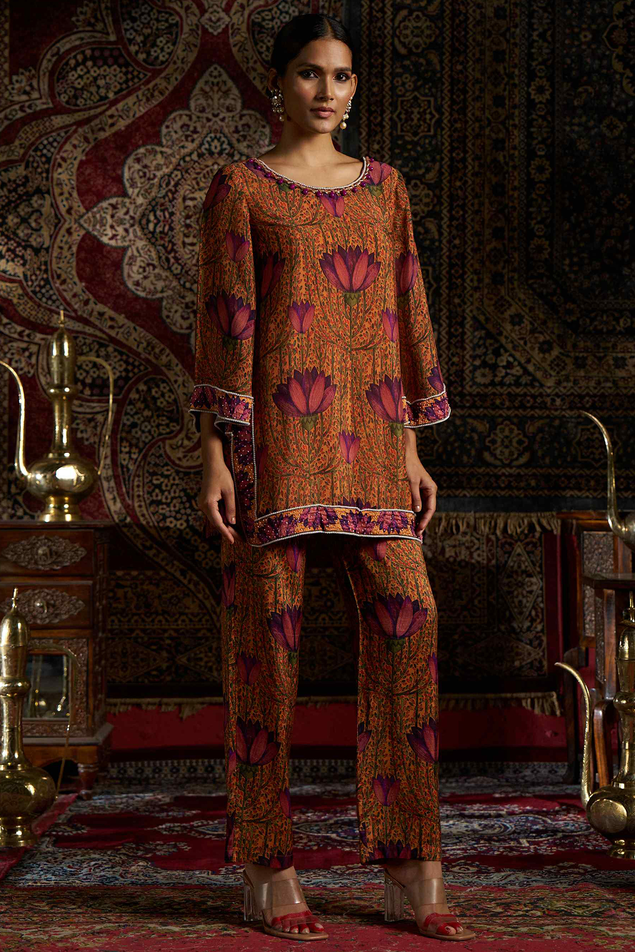 Mustard Raw Silk Handwork & Lotus Printed Co-Ord Set by 17:17 at Pernia's Pop Up Shop