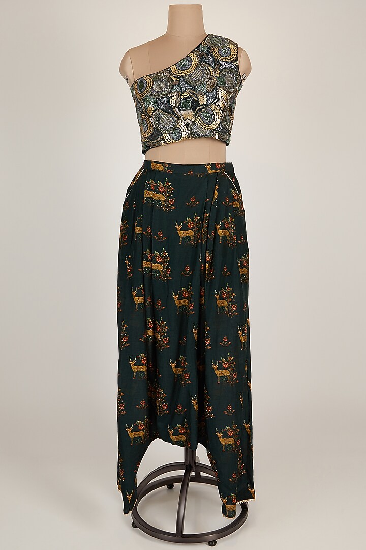 Dark Green Dhoti Pants With Crop Top by 17:17 at Pernia's Pop Up Shop