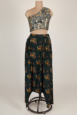 Dark Green Dhoti Pants With Crop Top by 17:17