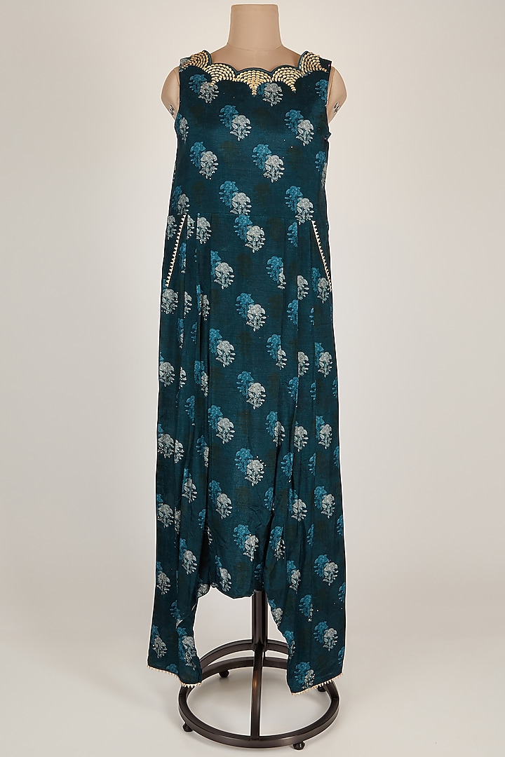 Blue Printed Jumpsuit With Scalloped Neckline by 17:17