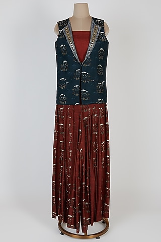 Teal Printed Blazer With Rust Red Pants & Bustier by 17:17