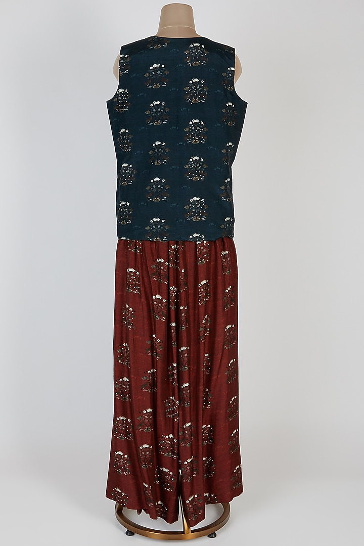 Teal Printed Blazer With Rust Red Pants & Bustier by 17:17 at Pernia's Pop Up Shop