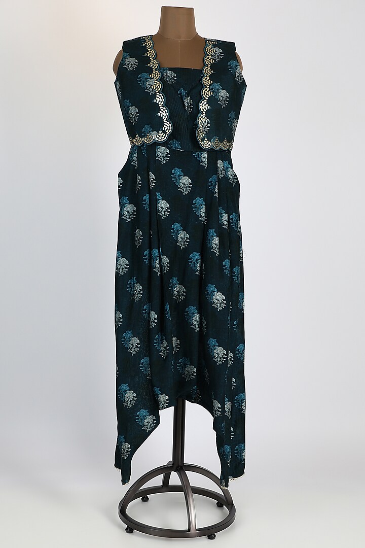 Blue Printed Jumpsuit With Embellished Jacket by 17:17