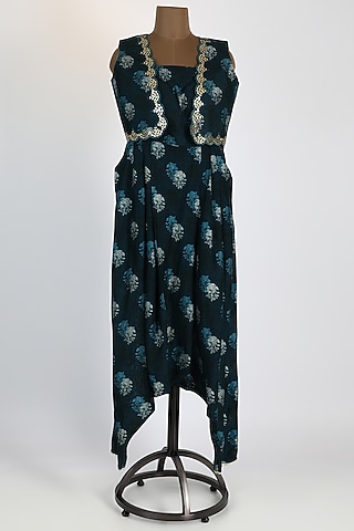 Blue Printed Jumpsuit With Embellished Jacket by 17:17
