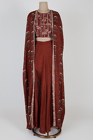 Rust Cape With Pants & Crop Top by 17:17