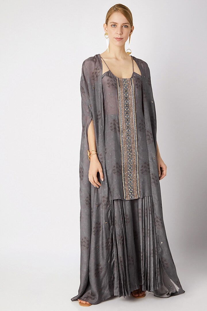 Grey Embroidered Palazzo Set With Kimono by 17:17