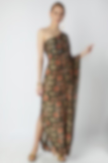 Olive Green Embroidered & Printed Dress by 17:17 at Pernia's Pop Up Shop