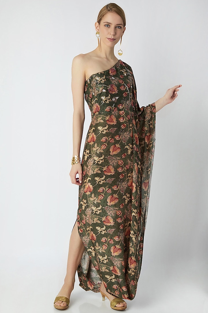 Olive Green Embroidered & Printed Dress by 17:17