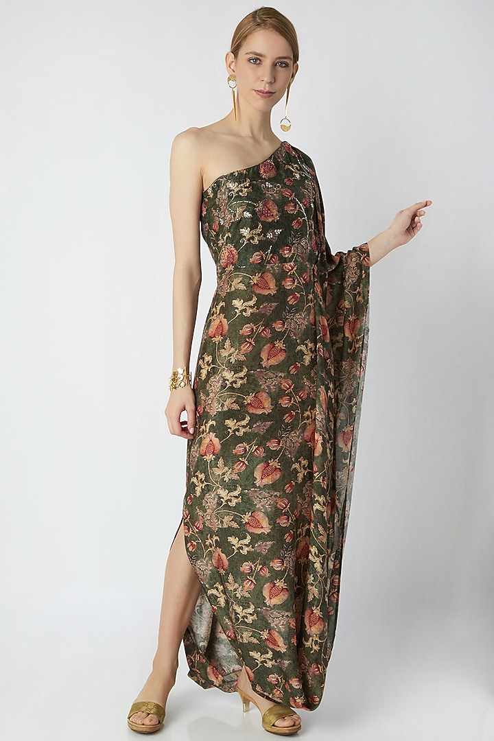 Olive Green Embroidered & Printed Dress by 17:17 at Pernia's Pop Up Shop