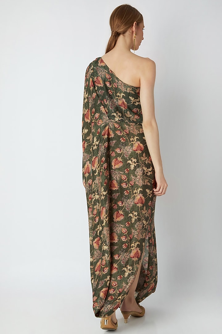 Olive Green Embroidered & Printed Dress by 17:17 at Pernia's Pop Up Shop