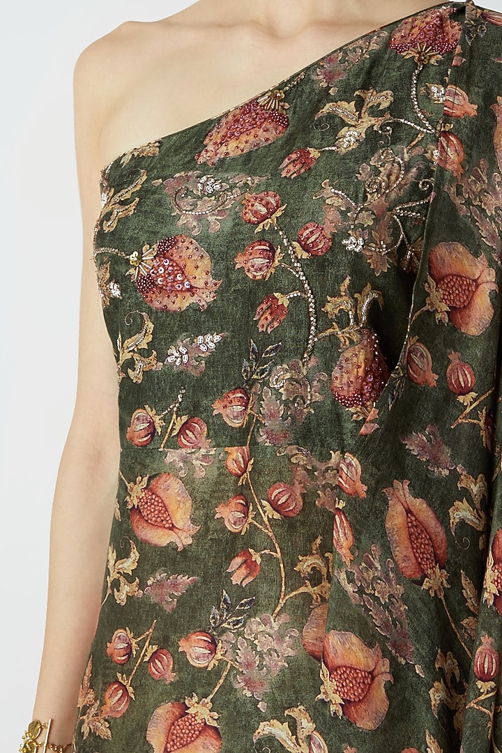 Olive Green Embroidered & Printed Dress by 17:17 at Pernia's Pop Up Shop