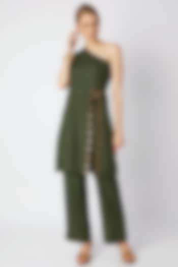 Olive Green Embroidered Kurta With Pants by 17:17