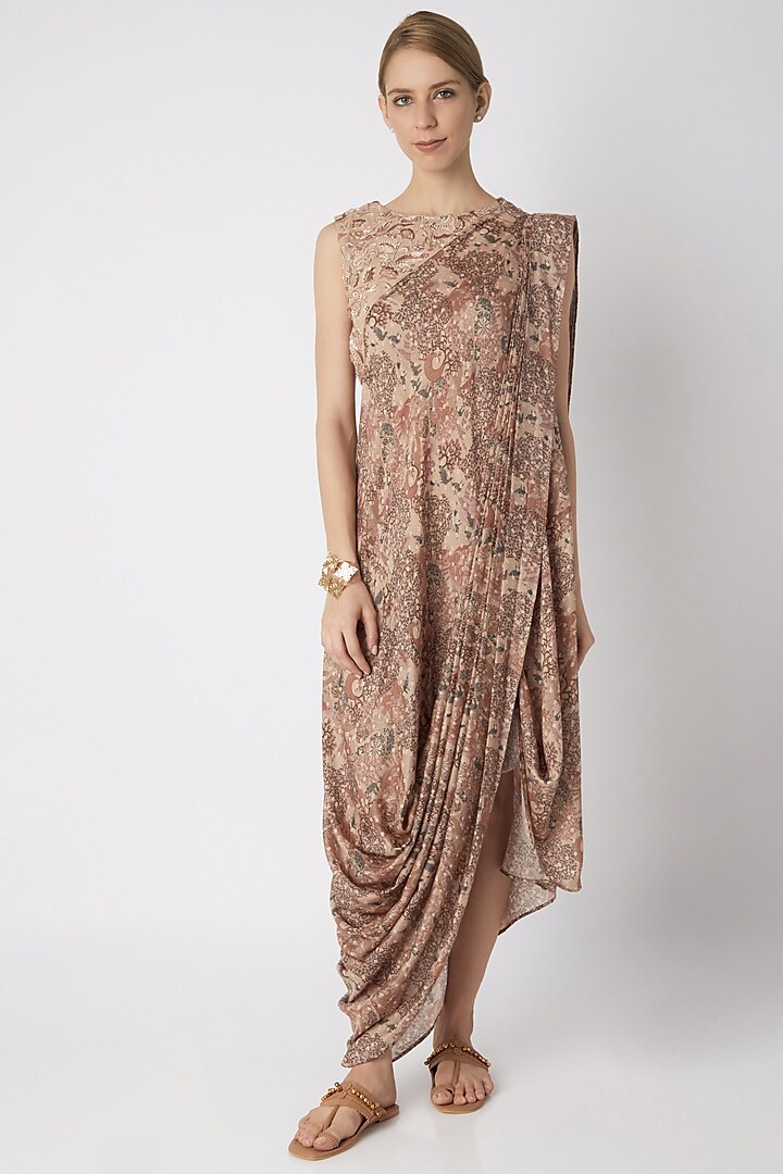Beige Embroidered & Printed Cowl Dress by 17:17