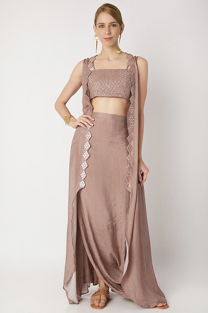 Nude Embroidered Bustier With Cowl Skirt & Cardigan by 17:17