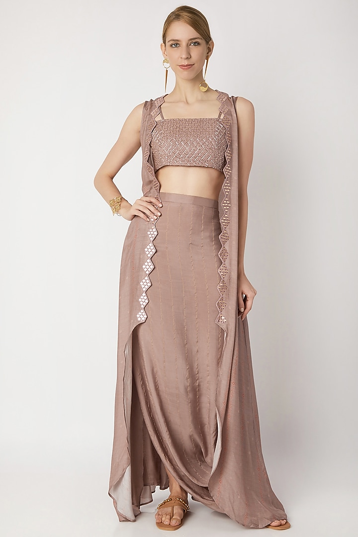 Nude Embroidered Bustier With Cowl Skirt & Cardigan by 17:17 at Pernia's Pop Up Shop