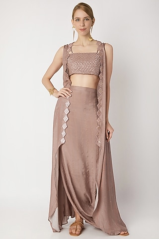 Nude Embroidered Bustier With Cowl Skirt & Cardigan by 17:17