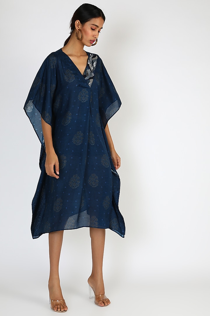 Dark Blue Printed & Embroidered Kaftan Dress by 17:17
