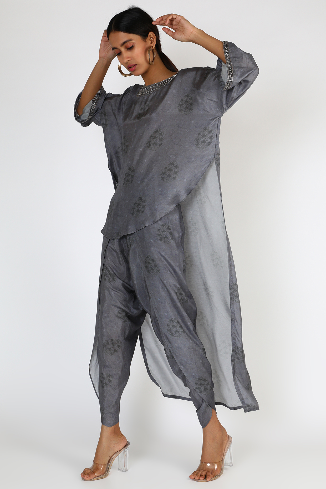 Grey Embroidered & Printed Pant Set by 17:17 at Pernia's Pop Up Shop