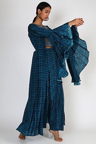 Dark Blue Zari Embroidered & Printed Kurta Set by 17:17