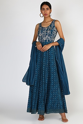 Teal Embroidered & Printed Anarkali Set by 17:17