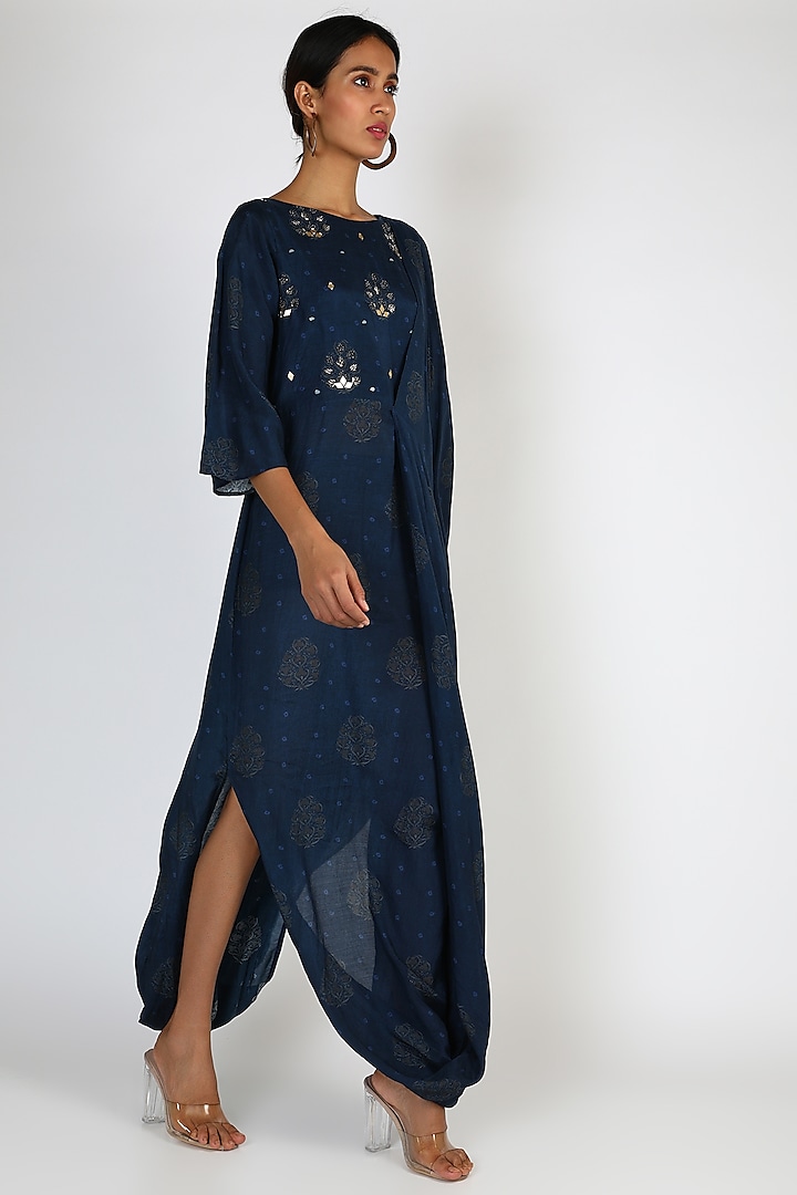 Dark Blue Embroidered Cowl Dress by 17:17 at Pernia's Pop Up Shop