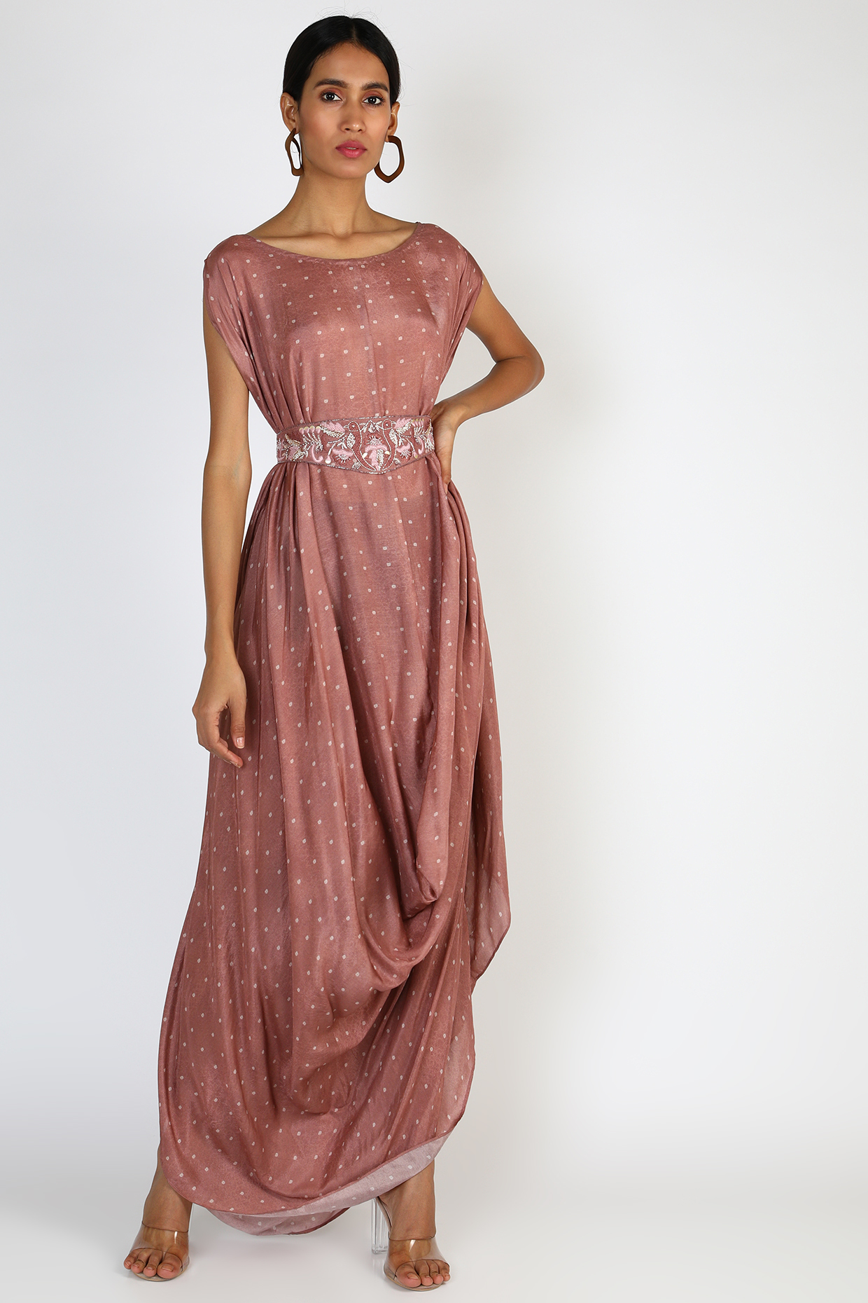 Pink Printed & Embroidered Cowl Dress by 17:17