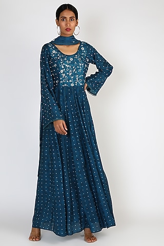 Turquoise Embroidered & Printed Anarkali Set by 17:17