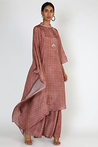 Pink Embroidered & Printed Kaftan Kurta Set by 17:17