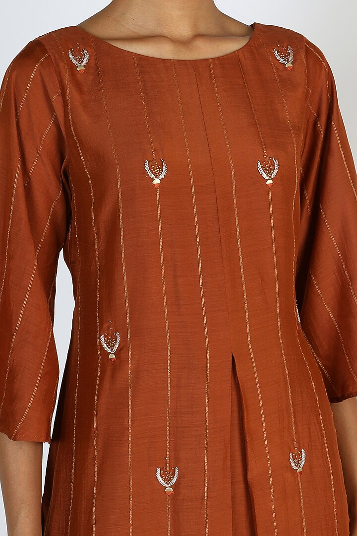Brown Embroidered Box Pleated Kurta Set by 17:17 at Pernia's Pop Up Shop