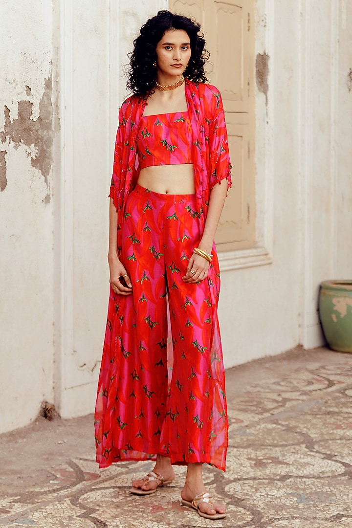 Pink Tabby Silk Printed Jacket Set by 17:17 at Pernia's Pop Up Shop