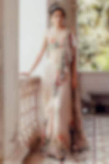 Beige Tabby Silk Printed Ruffled Wedding Saree Set by 17:17 at Pernia's Pop Up Shop